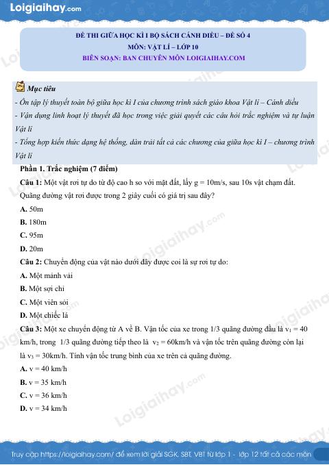 Đề thi giữa học kì 1 Vật lí 10 Cánh diều - Đề số 04